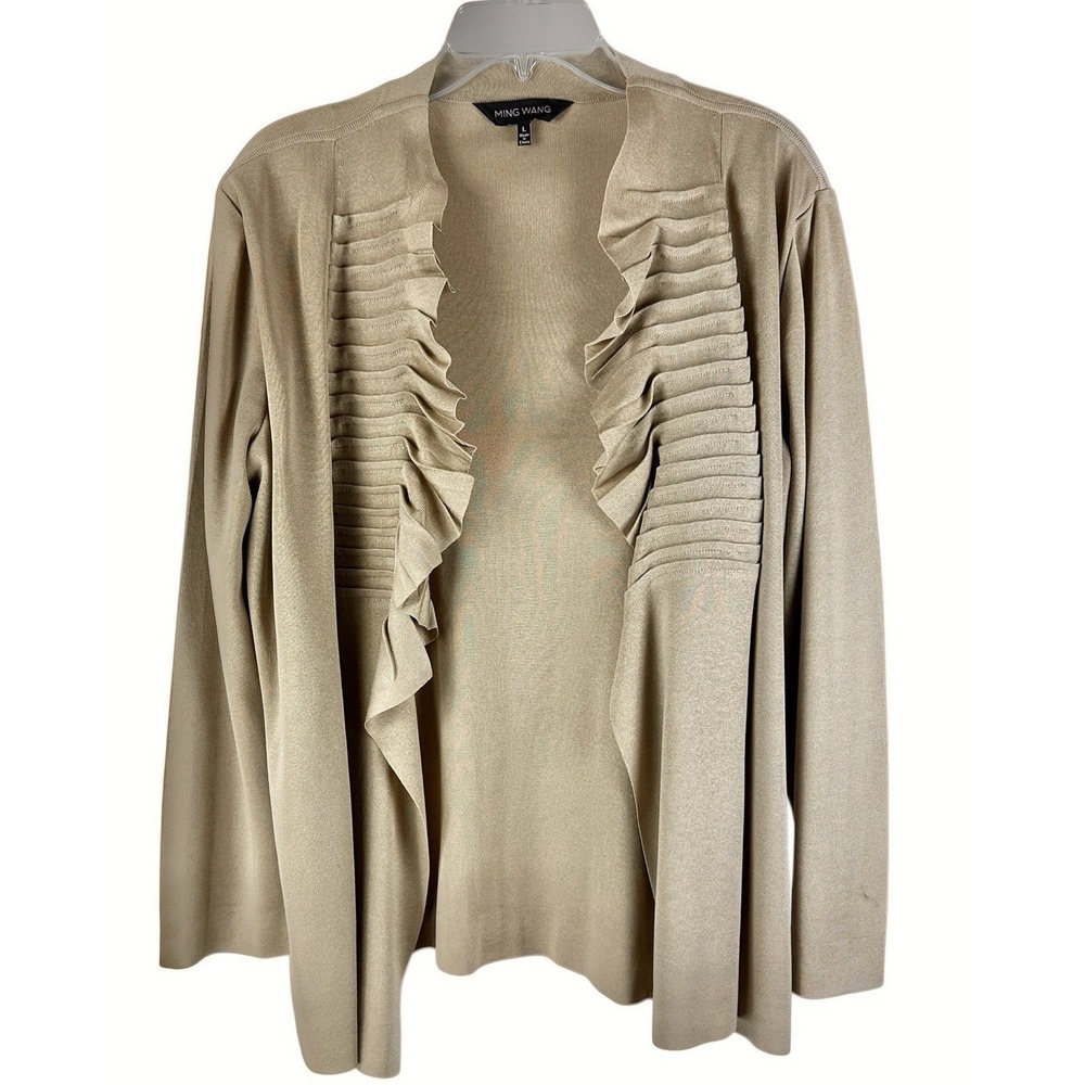 Ming Wang Tan Open Front Sz L Jacket Gold Pleated Artsy Career